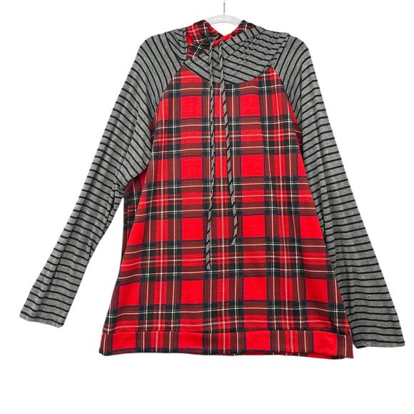 Egs‎ California Red Plaid Striped Long Sleeves Drawstring Hood Womens Hoodie 1XL - Picture 1 of 7